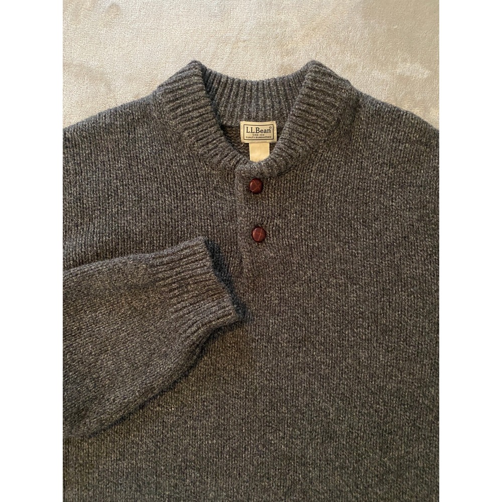 L.L.Bean Sweater Mens XXL Gray Lambswool Mock Neck Henley Heavy Knit Grandpacore